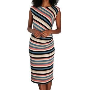 Loft Striped Sleeveless Ruched Waist Midi Sheath Dress Women's Size M